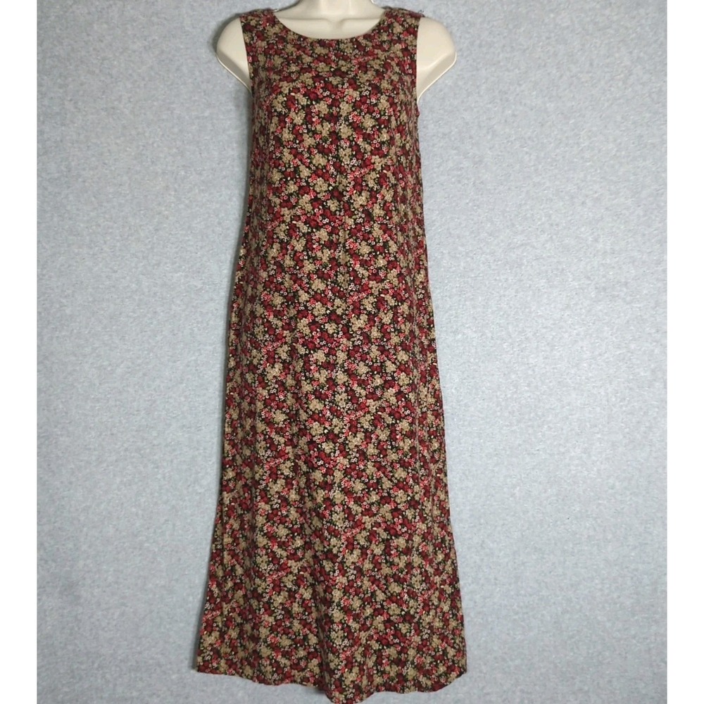 Vtg STUDIO EASE 90's Cottagecore Maxi Linen Dress 6P Dainty Dark Floral Babydoll